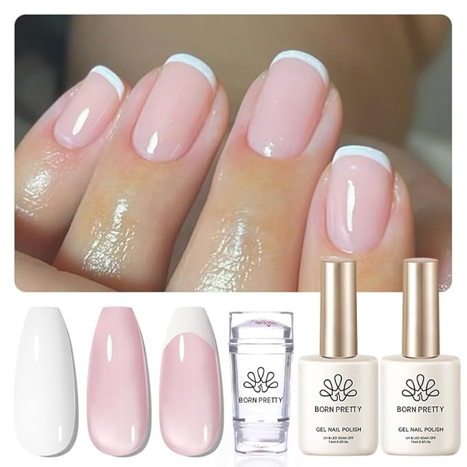 Born Pretty French Manicure Kit, Nail Stamper and 2Pcs Gel Nail Polish, Include Jelly Milky Pink White Colors for French Tip, U V Light Cure