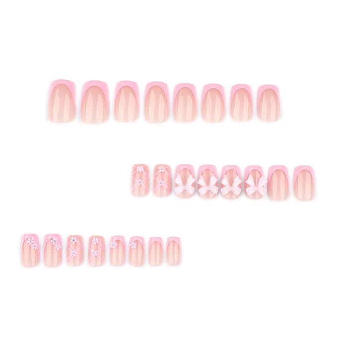Medium Press on Square Nails - Pink French Tip Fake Nails with Flower Bow Design - Glossy Stick on False Nails for Women - 24 Pcs