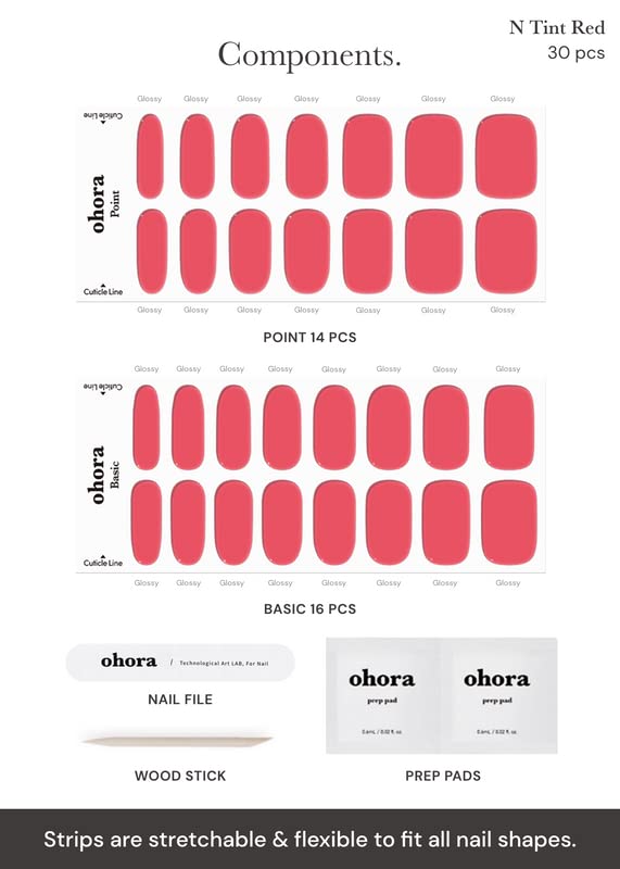 ohora Semi Cured Gel Nail Strips (N Tint Red) - Red, Tint, Works with Any UV/LED Lamps, Salon-Quality, Long Lasting, Easy to Apply & Remove - Includes 2 Prep Pads, Nail File & Wooden Stick