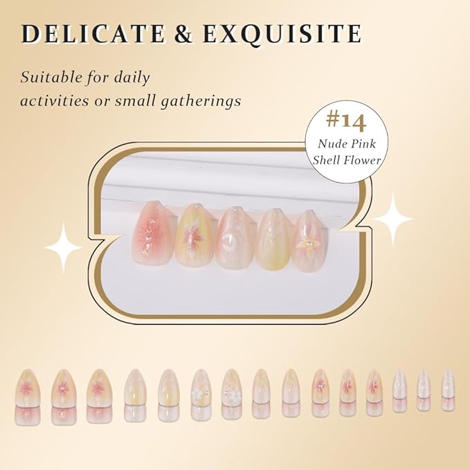 evpct 3D Nude Pink Handmade Press On Nails Almond Short, 3D Flower Shell Design Fake Nails Rusable for Spring & Summer Daily Wear, False Acrylic Nail with Kits Press ons Nail for Women Gift, 30Pcs