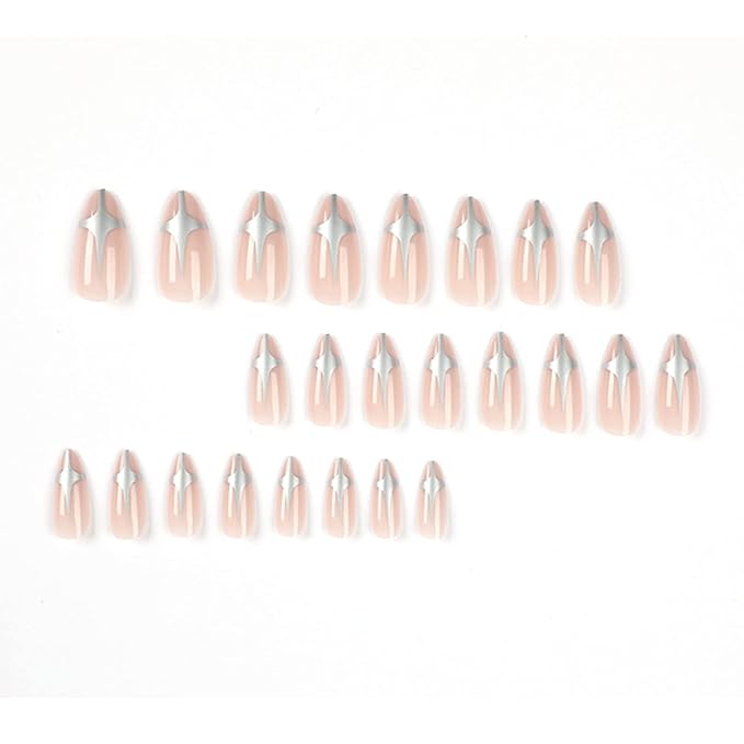 Press On Nails - Doji Star Nude Nails, 24 Pcs Reusable Silve Nude Fake Nails with Medium Almond Shape, Design for Women and Girls
