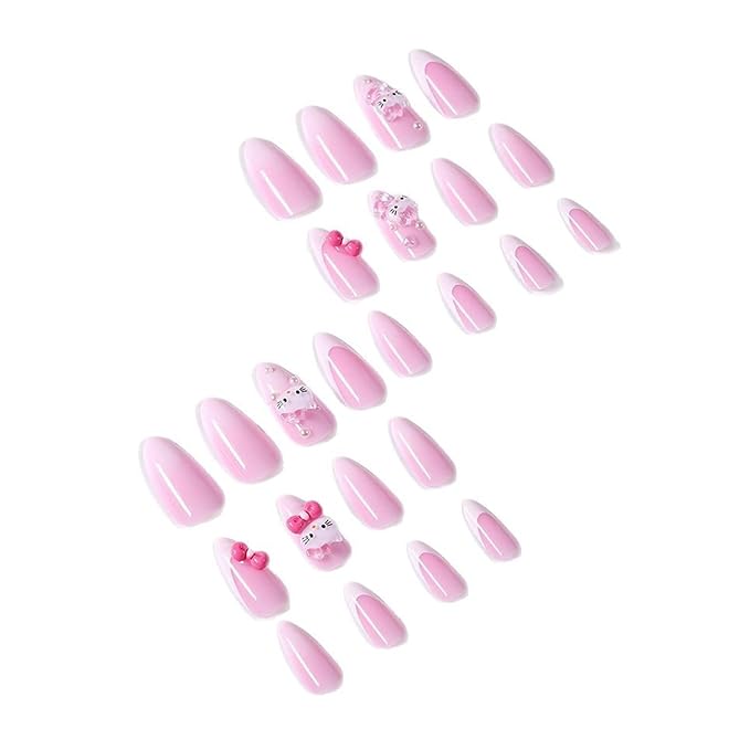 French Tip Press on Nails Medium Almond Cute Cat Fake Nails with 3D Pearl Designs Pink Bow False Nails Cartoon Stick on Nails Full Cover Artificial Acrylic Nails Fashion Fingernails for Women 24pcs
