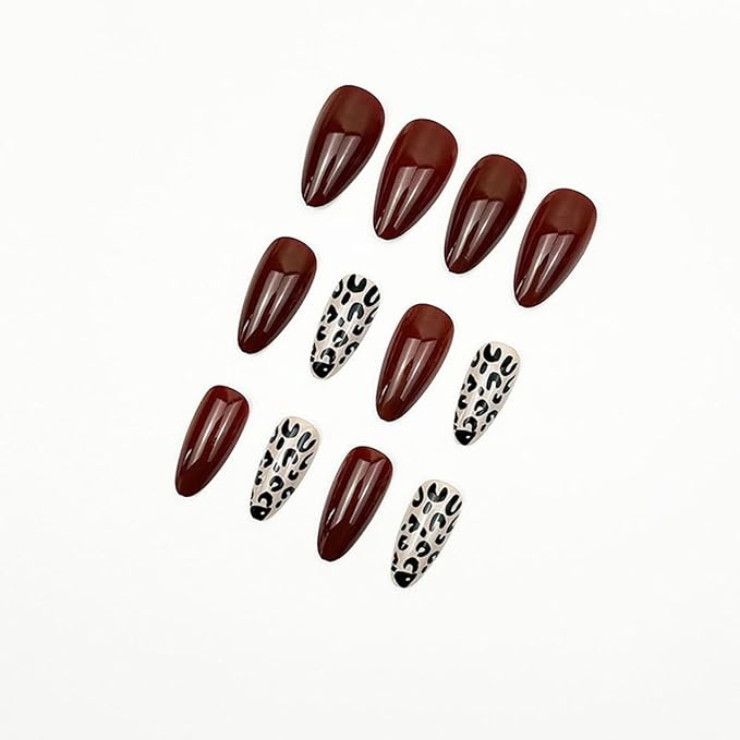 Brown Press On Nails Short Almond Fake Nails Fall Nails Leopard False Nails Press ons with Leopard Print Design Glossy Acrylic Full Cover Stick on Nail for Women Girls Manicure 24Pcs