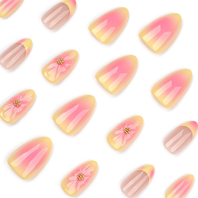 Summer Press on Nails Short Almond Fake Nails Cute Yellow Pink Nails Press ons with Flower Design Full Cover Stick on Nails for Women Manicure,Reusable | Nail Sticky Tabs | Easy Apply | 24Pcs