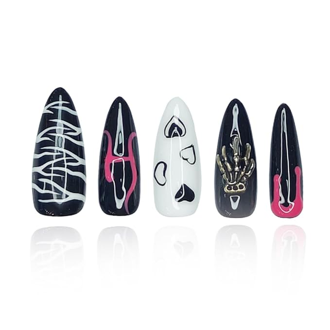 2025 Dark Series Pure Handmade Pressed Full Stick Medium Almond Nails Hand-painted Designs Reusable Acrylic Press on Nails with Rhinestones Fake Nails w/Box Ladies Gifts (Dark Pattern, Medium)