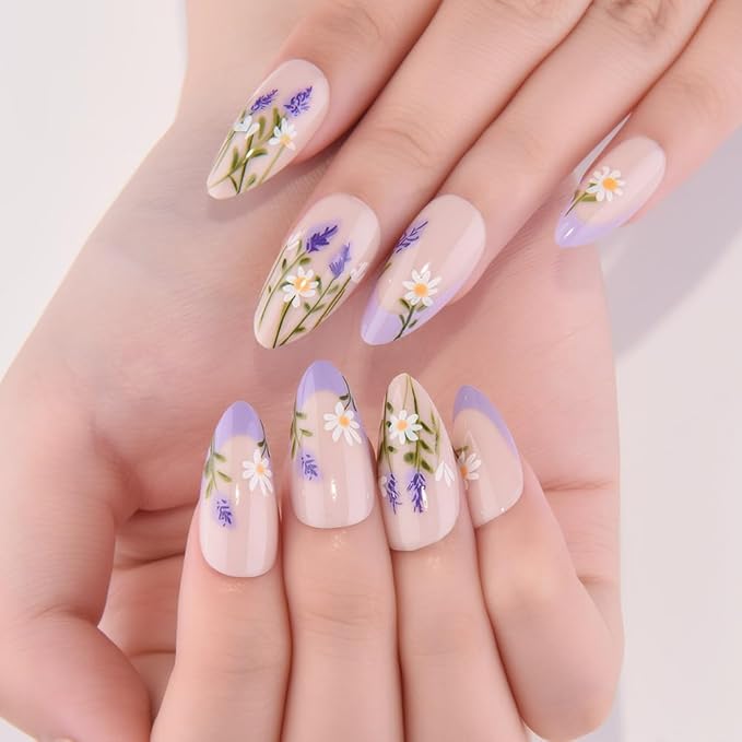 evpct Nude Pink Press on Nails Medium Almond with Lavender Flower Design, Full Cover Fake Nails Reusable Perfect Fit Nail Kit with Gel, Gel Stick on French Floral Nail for Women Manicure, 24Pcs