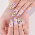 evpct Nude Pink Press on Nails Medium Almond with Lavender Flower Design, Full Cover Fake Nails Reusable Perfect Fit Nail Kit with Gel, Gel Stick on French Floral Nail for Women Manicure, 24Pcs