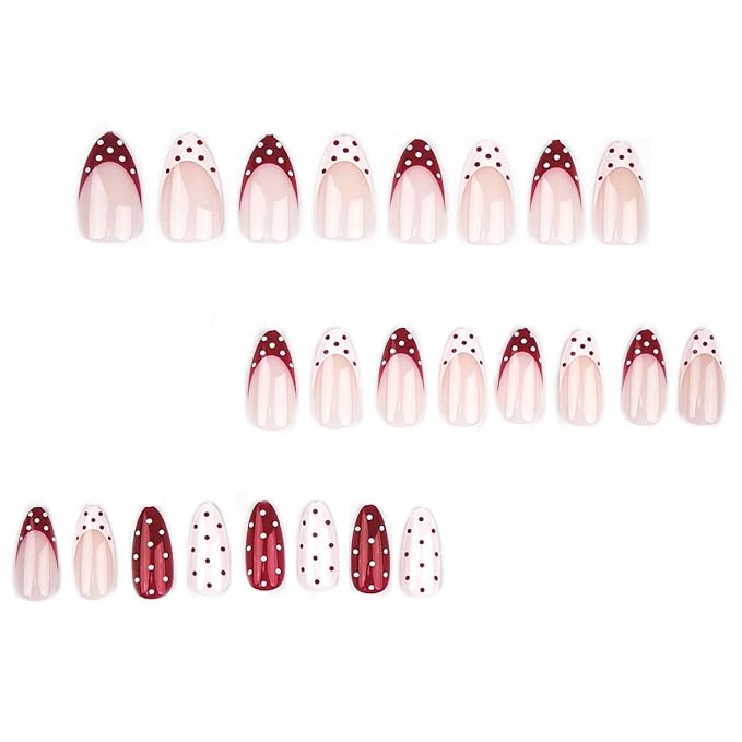 Polka Dot Press on Nails Medium Almond Fake Nails White Red French Nails Press ons with Polka Dots Design,Reusable Artificial Nail Full Cover Stick on Nails for Women Manicure 24Pcs