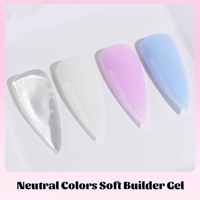 Builder Gel for Nails, 4 Colors Thickening Builder Nail Gel Clear Milky White Baby Blue Camouflage Apex Building Nail Strengthener Gels Kit with Brush Pen Dual Forms UV Cure Extension Manicure