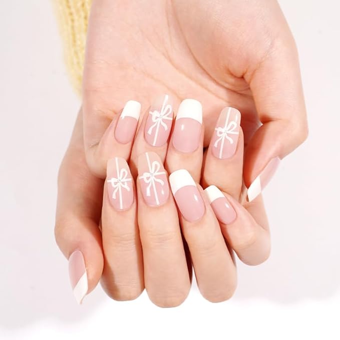 20pcs Christmas Semi Cured Gel Nail Strips - Salon-Grade DIY Wraps with Glaze Texture, Easy Application, UV Light Required for Festive Nails(Pink Toned Bow Accented French Nail)