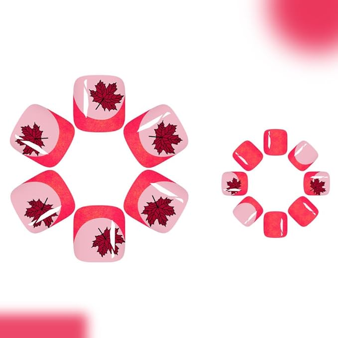 Autumn Press on Toenails Short Square with Maple Leaf Fake Toenails French Tips Glitter Designs Fall Red Glitter Full Cover Acrylic Glue on Toenails for Women Manicure Decoration 24Pcs