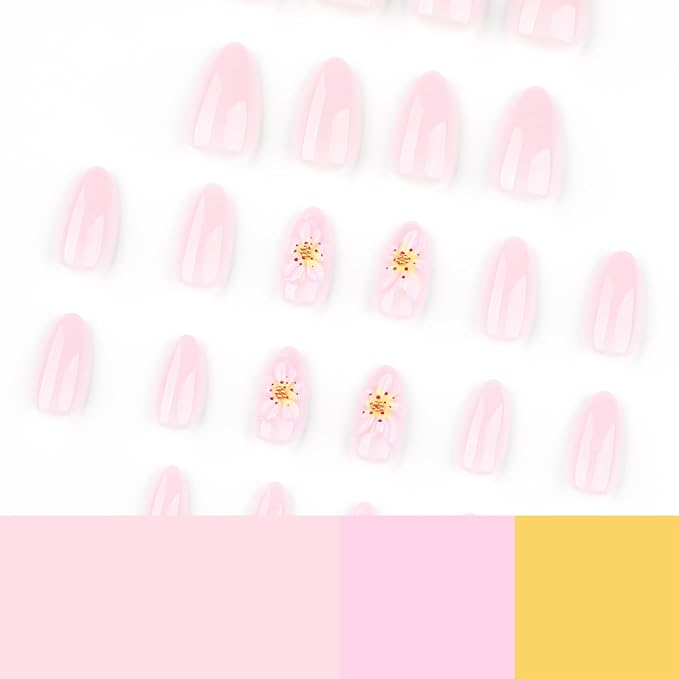 Light Pink Short Press On Nails Almond, Cute Fake Nails with 3D Floral Blossom Detail, Glossy Gel Finish Acrylic Nails, Thick Reusable Glue On Nails Kit for Women, 24Pcs