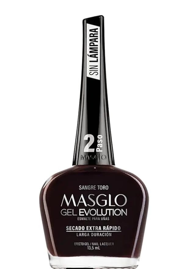MASGLO GEL EVOLUTION Nail Polish Gel Effect, No UV/Led Lamp Required, Duration up to 12 day, 1 peice color Sangre Toro - Effecto Gel sin necesidad de lampara UV/Led, hasta 12 dias