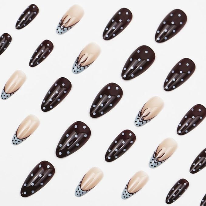 Polka Dot Press on Nails Almond Fake Nails French Tip False Nails Blue Brown Medium Acrylic Nail Glossy Full Cover Glue Stick on Nail for Women Manicure 24Pcs