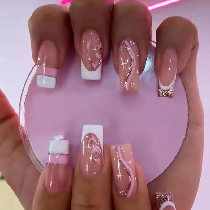 Curvlife Tip Press on Nails Acrylic Fake Nails with Design Full Cover False Nails for Women Reusable Nail Kit with Nail Glue Adhesive Tabs Nail File (Love French style, Long)