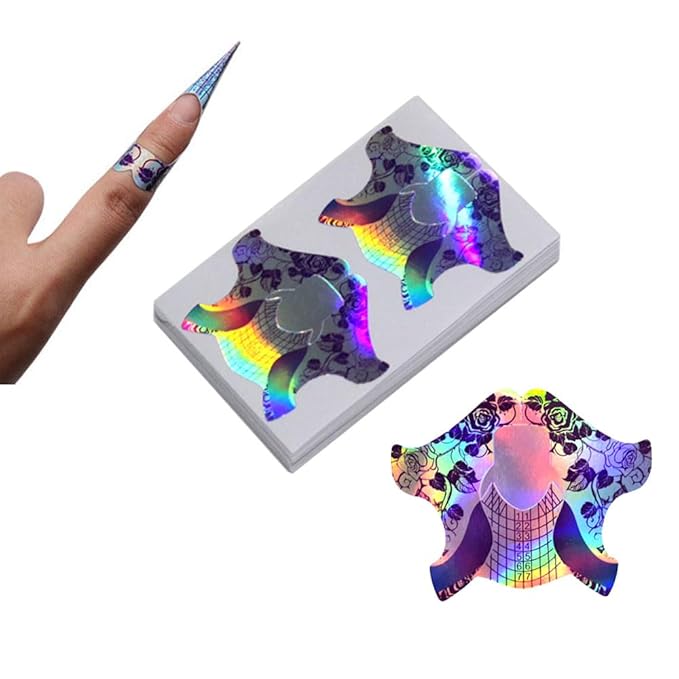 100Pcs Nail Tips Laser Nail Forms Gel Polish Extension Forms Acrylic Tips Nail Art Decoration DIY Nail Gel Curl (LASER SILVER)