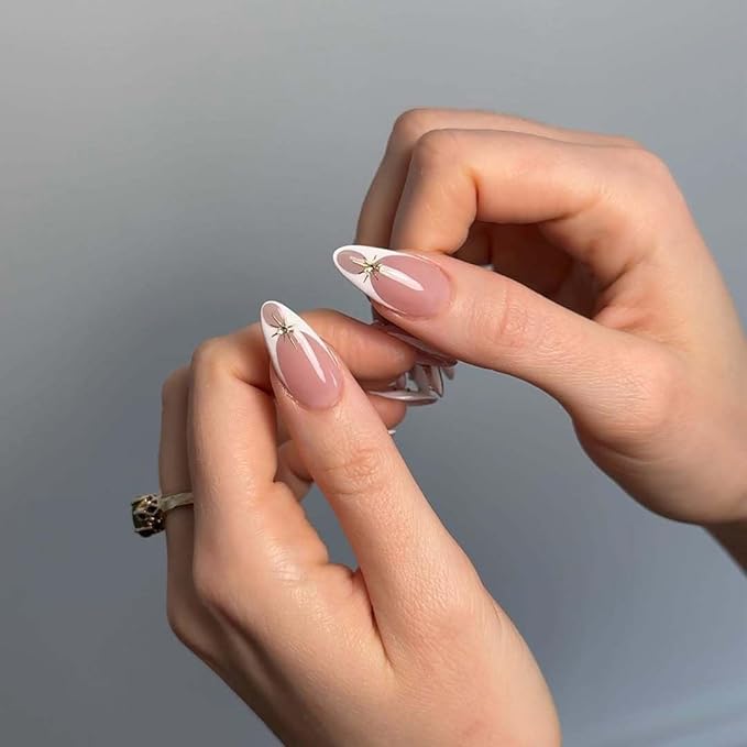 White French Tip Press on Nails Almond - Medium Fake Nails with Starburst Design - Glossy Full Cover Stick on Nails - for Women Manicure 24 Pcs