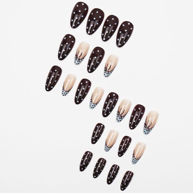 Polka Dot Press on Nails Almond Fake Nails French Tip False Nails Blue Brown Medium Acrylic Nail Glossy Full Cover Glue Stick on Nail for Women Manicure 24Pcs