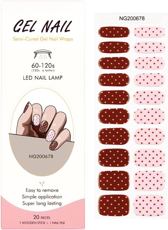 Semi Cured Gel Nail Strips Winter Red Polka Dots Gel Nail Wraps Gift for Women UV Light Required Nail Art Stickers Pegatinas Uñas Nail Decals Nails Sticker
