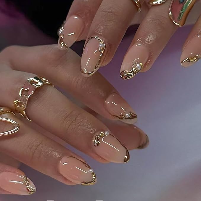 Short Almond Press on Nails with French Tip & 3D Gold Line Pearl Charms Design, Glossy Full Cover Acrylic False Nails with Glue, Reusable Stick-on Fake Nails for Women- Fall Nail Art Gift