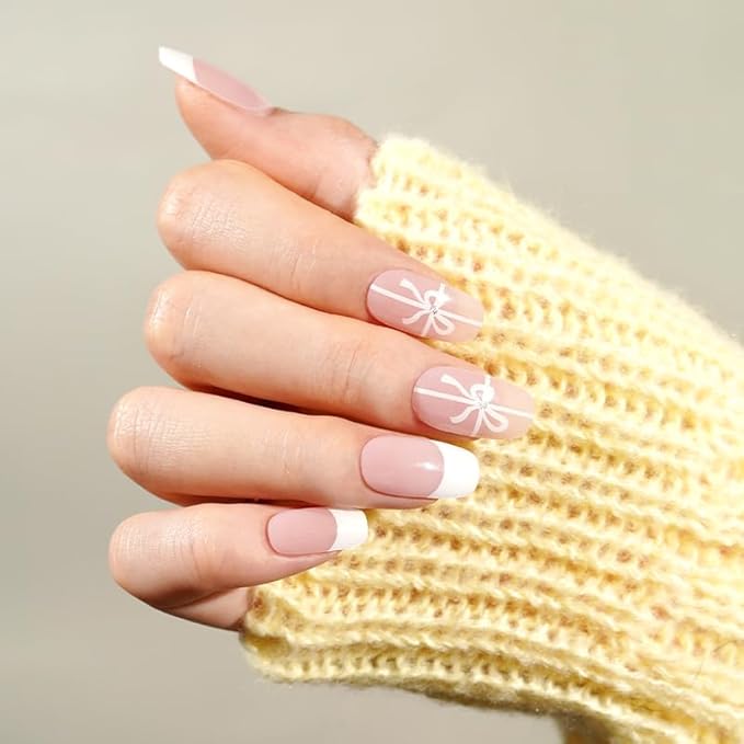 20pcs Christmas Semi Cured Gel Nail Strips - Salon-Grade DIY Wraps with Glaze Texture, Easy Application, UV Light Required for Festive Nails(Pink Toned Bow Accented French Nail)