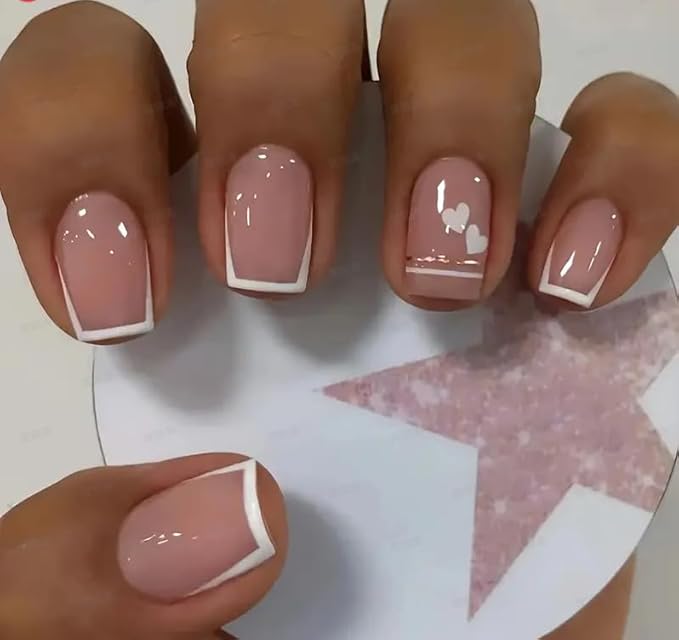 Curvlife Press on Nails Acrylic Fake Nails with Design Full Cover False Nails Reusable Nail Kit with Nail Glue Adhesive Tabs Nail File Artificial Glue on Nails (French Flat Edge, 32pcs)
