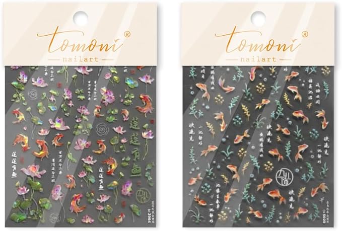2Sheets Holographic Koi Fish and Lotus Flower Nail Art Stickers, Clear Transparent Design, Iridescent Effect
