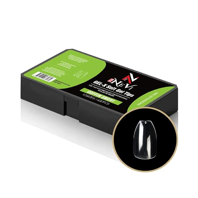Nail Gel-X Natural Coffin Short Tips Set - NeVi USA Premium Quality, 600 Tips in 10 Sizes - Complete DIY Nail Extension Kit | No Size 00 Included #5 and #6 Are Double Quantity