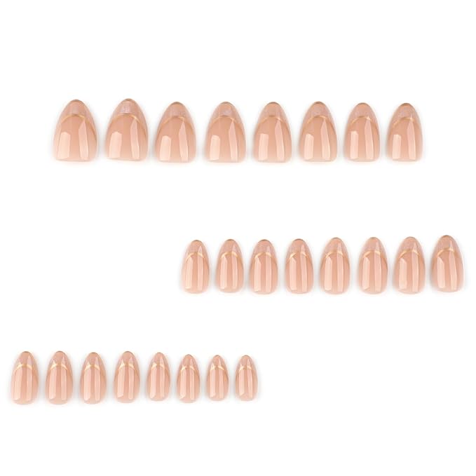 Short Almond Press On Nails – Nude Glitter French Tips with Gold Outline, Glossy Acrylic Fake Nails, Reusable Stick On Nails Kit with Glue for Women, Elegant Shimmery Manicure Set
