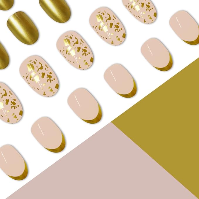 Gold French Tip Press on Nails Short Almond Fake Nails Glitter Foils Designs Glossy Glue on Nails Almond Shape Full Cover Nails Tips False Nails Reusable Artificial Acrylic Nails for Women Girls 24Pcs