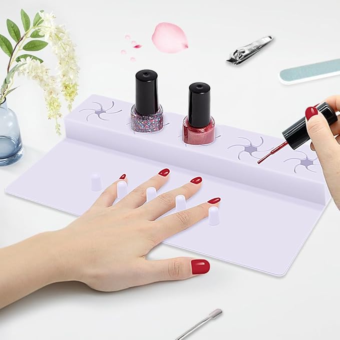 Nail Polish Holder,Silicone Hand Rest Mat Fingernail Painting Tools 2 in 1 Art Accessories Organizer Case Set with Anti-Spill Bottle Stand and Finger Separators for Pedicure Manicure(Purple)