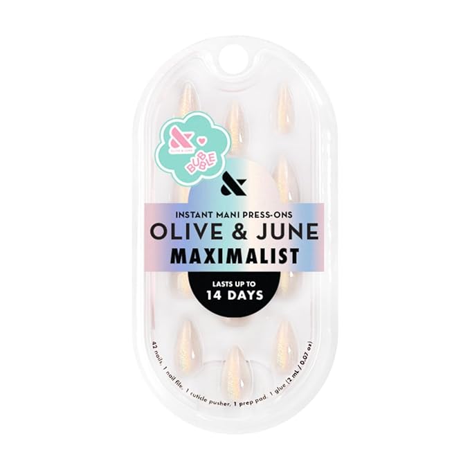 Olive & June Maximalist Instant Mani Press-On Nails (Glue) | 42 Fake Nails, 21 Sizes | Non-Toxic, Long-Lasting Big, Bold Gorgeous Realistic Look | Medium, Stiletto | Neutral Iridescent Velvet