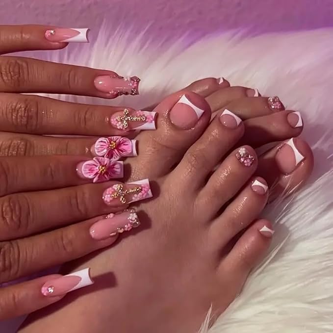 48Pcs Square Press on Nails Medium & Press on Toenails Set, Pink Flowers Fake Nails Short Press on Toe Nails French Cross Acrylic Nails Kit Full Cover Stick on Toe Nails for Women Manicure