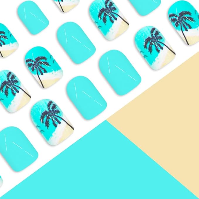 Summer Press on Nails Short Square Fake Nails Coconut Tree Seaside False Nails for Women Blue Glue on Nails Cute Glossy Artificial Nails Press ons Summer Fake Nails Manicure Kit 24Psc