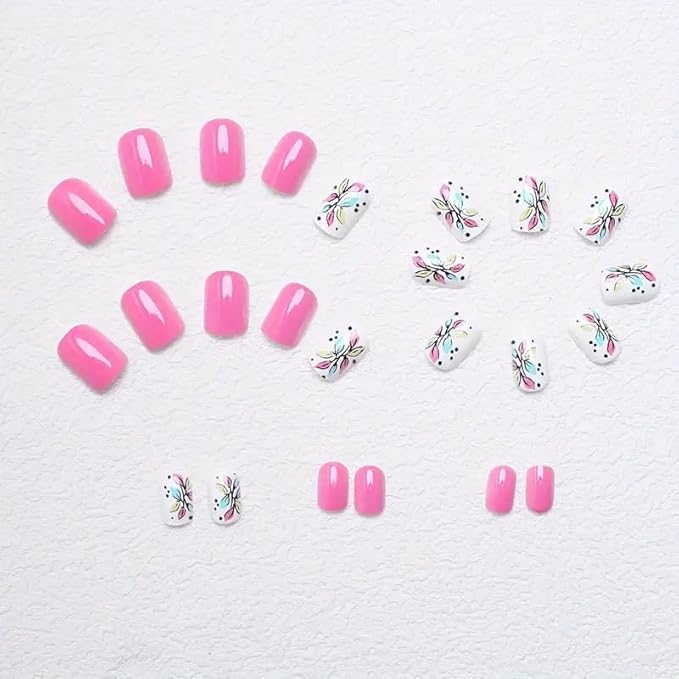 24Pcs Flower Press on Nails Short Square Fake Nails with Designs Cute False Nails Full Cover Glossy Stick on Nails Summer Pink Acrylic Glue on Nail for Women Daily Wear
