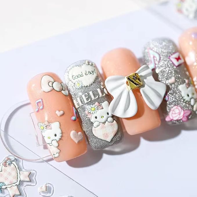 Dedyel Cute Nail Stickers 5D Embossed Cartoon Cat Nail Stickers Kawaii Animal Self-Adhesive Nail Decals for Women Girls Kids Nail Art Decoration