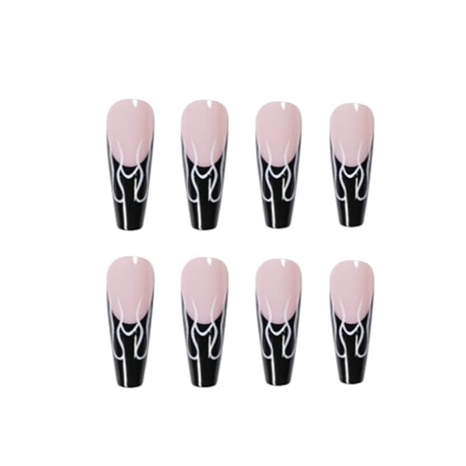 Long Press on Nails Square French Fake Nails Full Cover Nude Acrylic False Nails for Women and Girls 24PCS (Black Coffin)