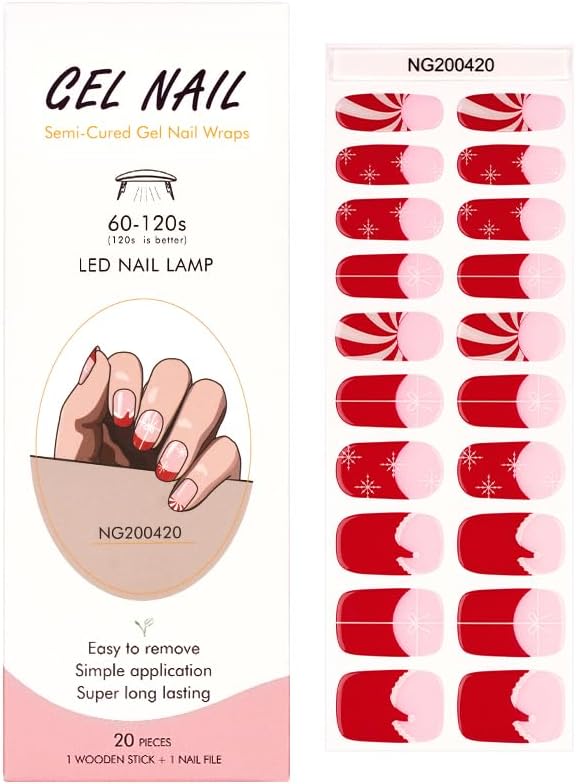 Semi Cured Gel Nail Strips 20 Pcs Christmas Red French Tip Gel Nail Wraps, Stickers, UV Light Required Nail Art Design Decoration Accessories