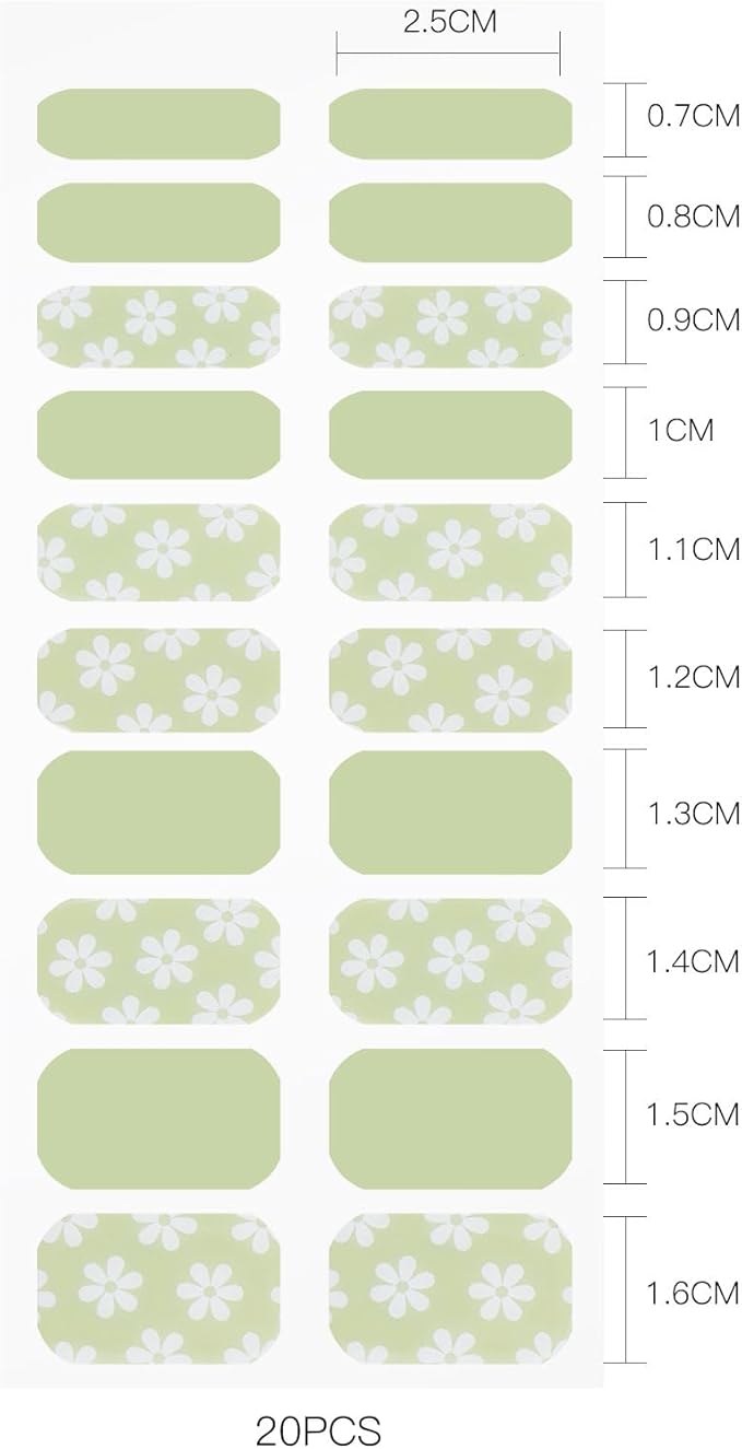 JMEOWIO Gel Nail Stickers White Flower Light Green Semi Cured Gel Nail Strips Wraps UV/LED Nails Art Design Decoration Accessories