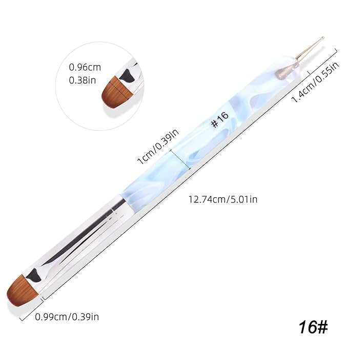 French Manicure Brush - Two Way Nail Art Brush with Dotting Manicure Tool - Professional Salon Quality, Nail Dotting Pen (16#, Blue)