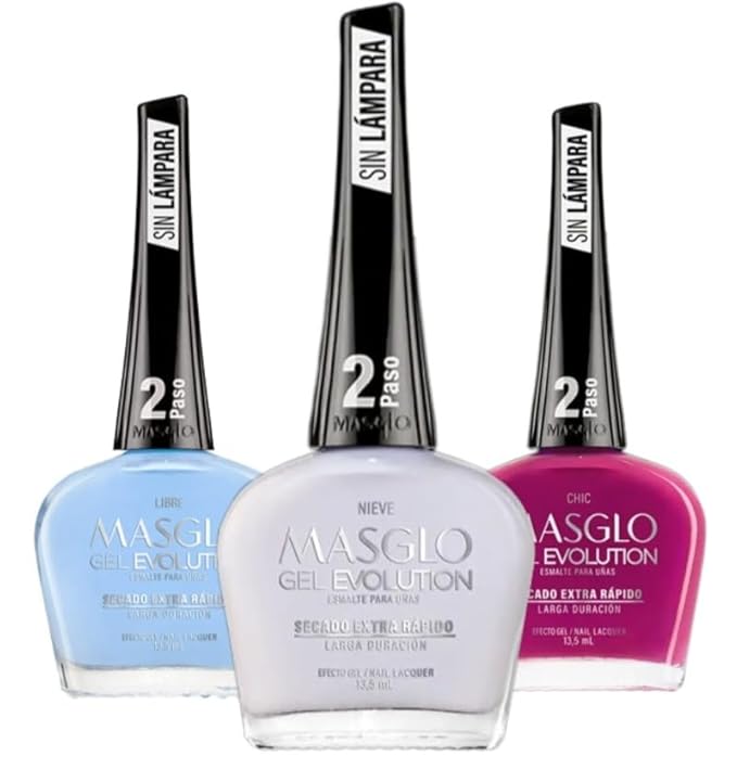 MASGLO GEL EVOLUTION Nail Polish Gel Effect, No UV/Led Lamp Required, Duration up to 12 day, 3 PCs Shades Of Colors - Effecto Gel sin necesidad de lampara UV/Led, hasta 12 dias de duracion