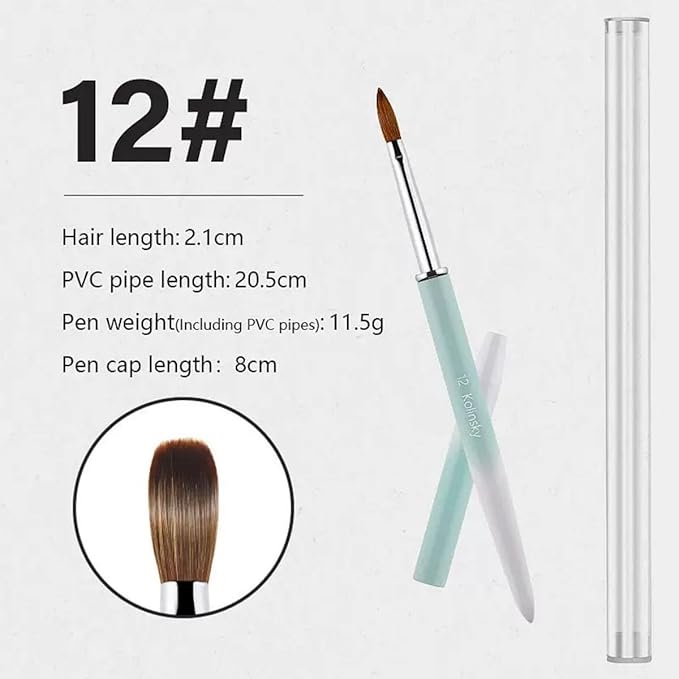 100% Pure Kolinsky Acrylic Nail Brush Size 12, Hair Acrylic Crystal Ombre White Green with Silver Ferrule Round Shaped for Women Girls Manicure Tools Accessories