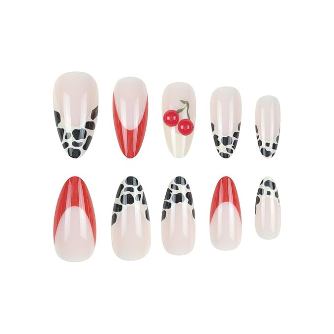 French Tip Press on Nails Medium Almond MABKJLF Cute Fake Nails Fruit False Nails with Designs Cherry Charms Leopard Print Glossy Glue on Nails Acrylic Nails Stick on Nails for Women Girls 24Pcs