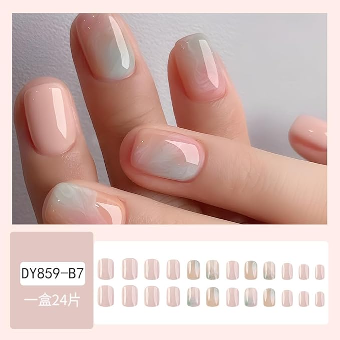 Square Press on Nails Short Fake Nails Press ons with Marble Texture Design Reusable Artificial Nail Full Cover Glossy Glue on Nail Stick on Nails for Women Manicure 24Pcs