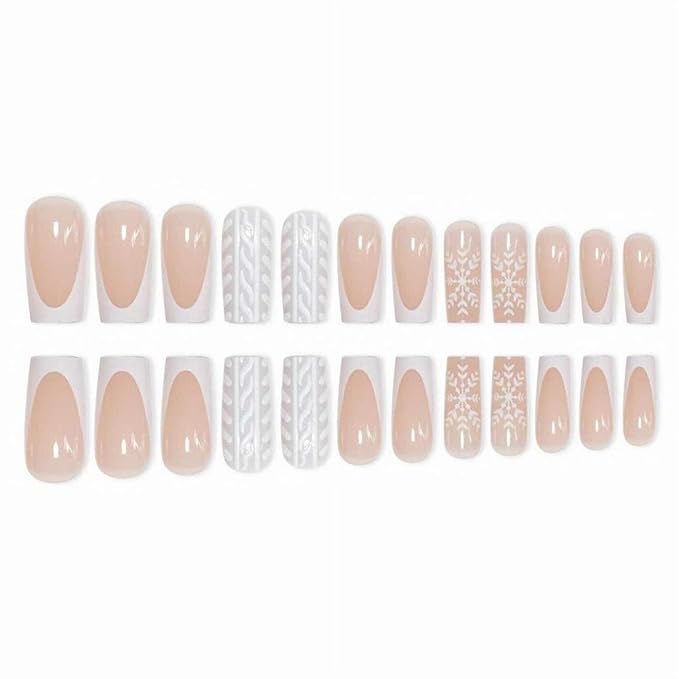 MISUD Press on Nails - Long Square Fake Nails with White French Tip, Acrylic Winter Snowflake Sweater Design 24 pcs