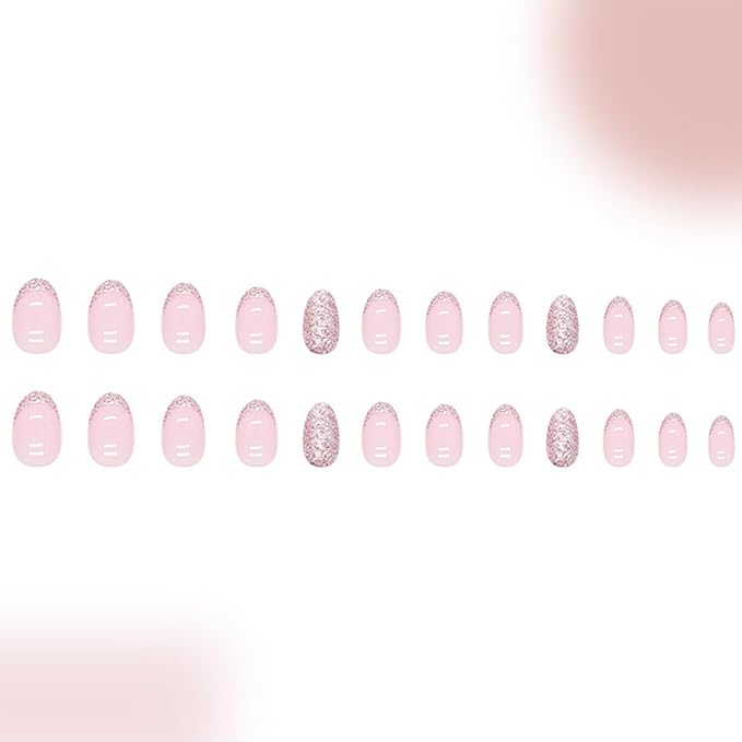 Pink Glitter French Press on Nails Short Almond fake Nails Pink false Nails Full Cover Glitter French Glossy Reusable Artificial Acrylic Nails for Women and Girls DIY Manicure Decoration 24Pcs