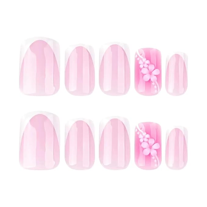 Press on Nails Square - Short Fake Nails with Floral Chrams Design - White French Tip False Nails Press ons - for Women 24 Pcs