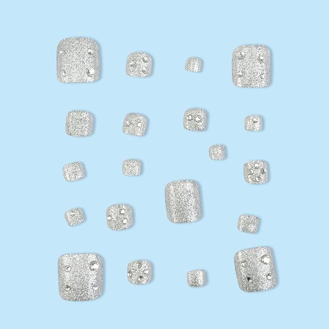 Silver Diamonds Press on Toe nails Short Square Fake Solid Toe Nails Tips Glitter Silver with Rhinestones False Toenails Glossy Summer Acrylic Toe Nails Decorations for Women Girls 24Pcs