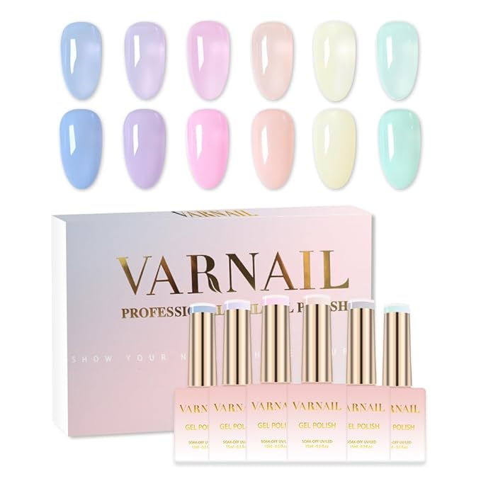 VARNAIL Pastel Sugar Jelly Gel Nail Polish Kit 6 Colors 15 ml , Translucent Sheer Gel Polish, Salon Quality Soak off UV Light Gel Nail Polish Set