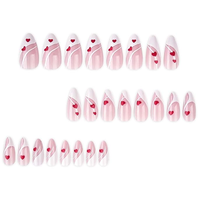 Valentines Day Press on Nails - Red Love Heart Fake Nails - Almond False Nails Press ons - French Tip Acrylic Glue on Nail - Artificial Stick on Nail for Women Manicure 24 Pcs